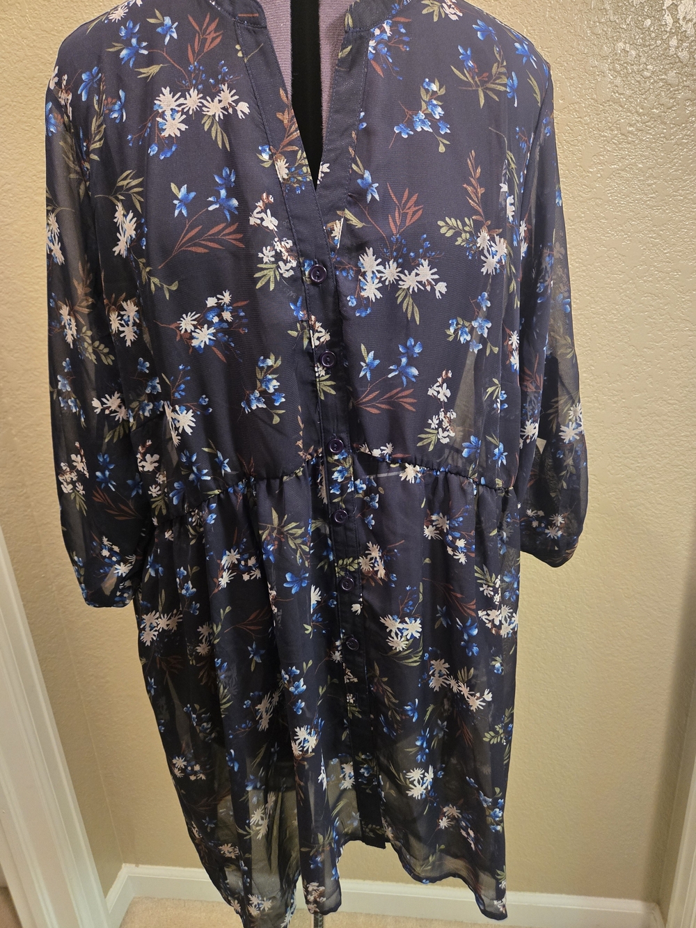 Mauve Navy Floral Button-Front Midi Dress